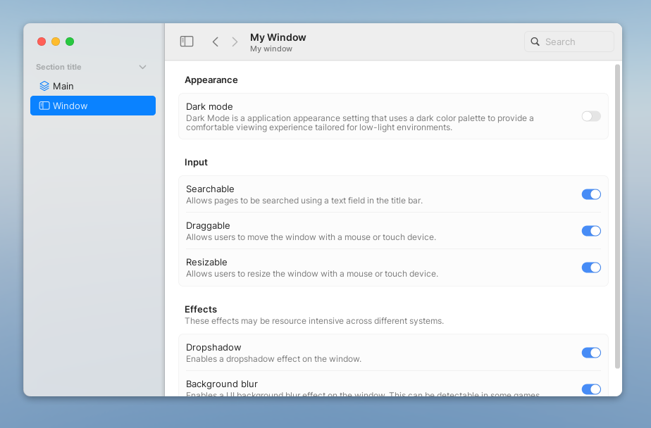 Basic app result with settings